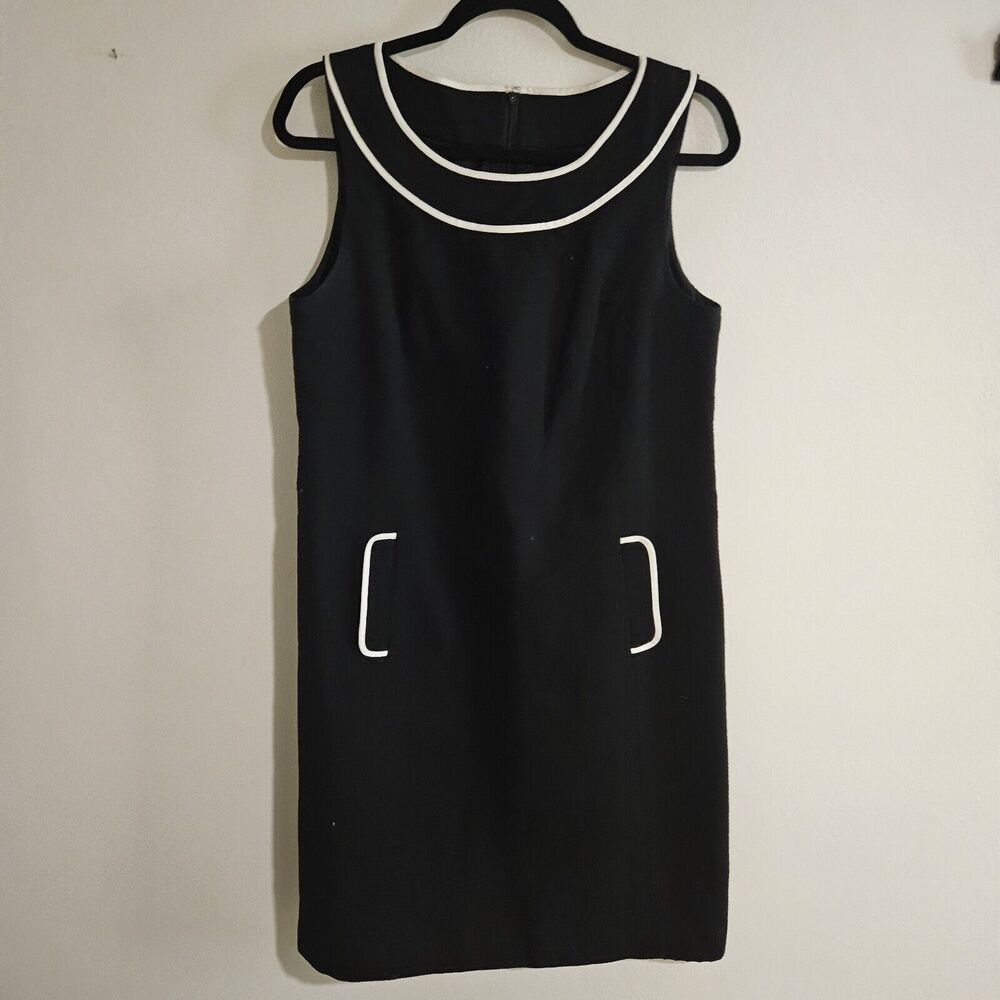 LOFT Dress Womens 12 Black Mini Sheath Sleeveless Pocket Contrast Trim Euc Tweed